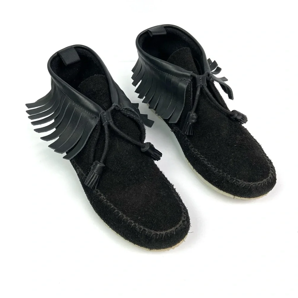 RAG AND BONE Black Suede Fringe Tassel Ghita Moccasin Bootie Boot 11 Bohemian - Picture 2 of 7